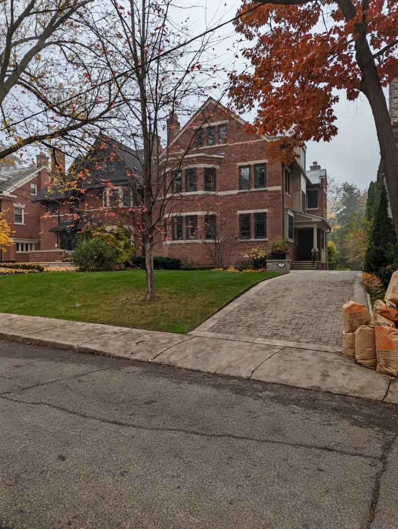 Cleared front lawn and driveway with yard-waste bags after cleanup
