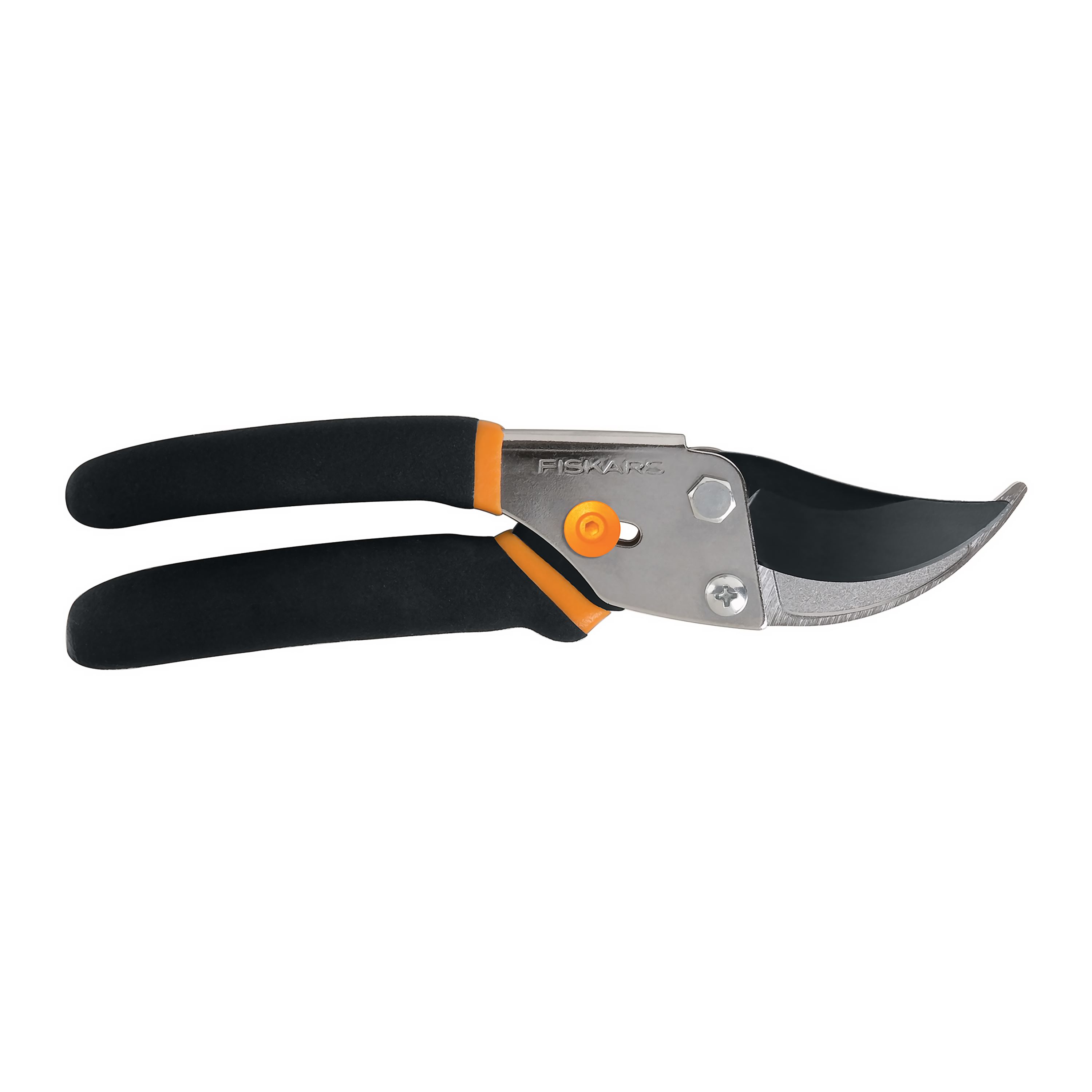 Fiskars bypass pruning shears with black grips and orange locking control
