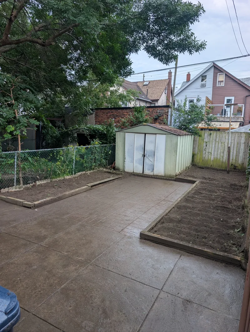 Backyard after vegetation and debris removal before mulch installation